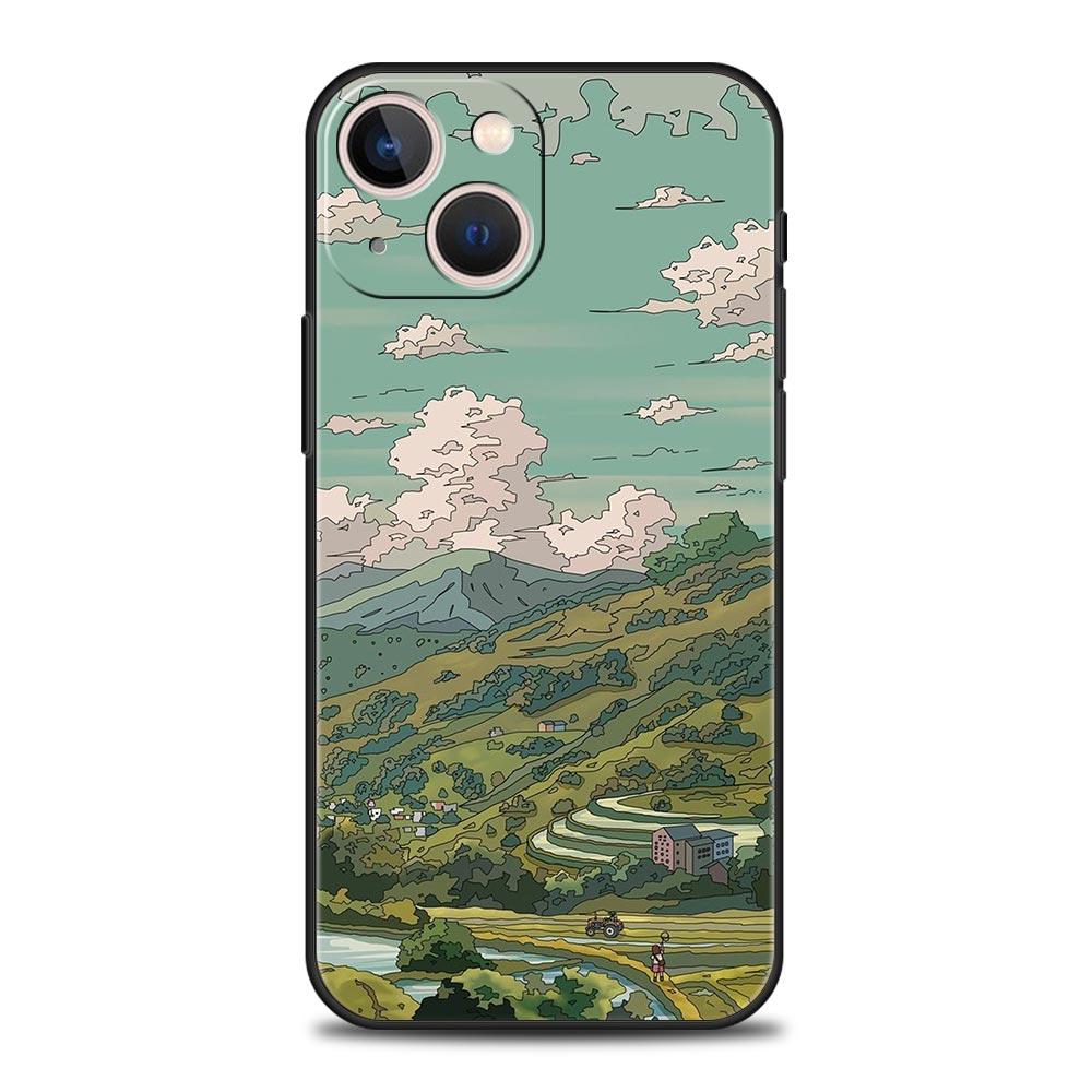 Japan Sunset Scenery Luxury Phone Case For iPhone 13 15 14 12 11 Pro MAX XR X SE XS 7 8 Plus Silicone Black Protection Cover