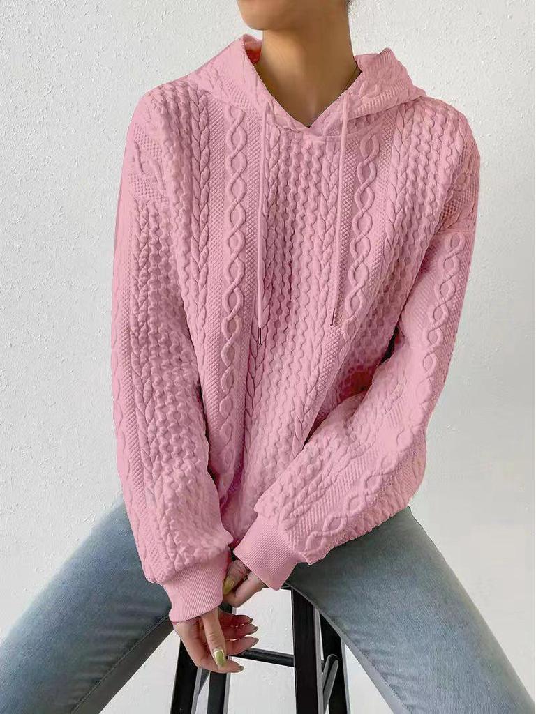 European & American Autumn Plus Size Women's Jacquard Long Sleeve Tie-Up Hooded Knit Sweatshirt, 2023