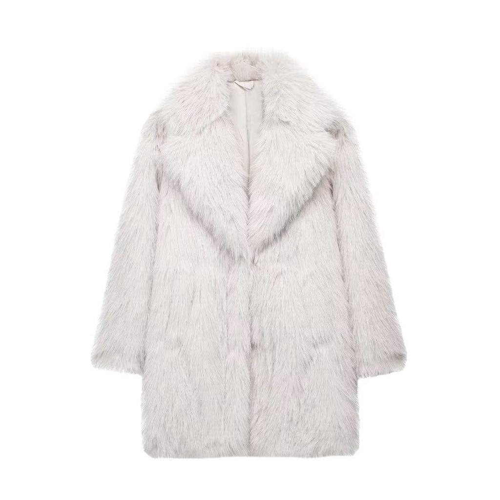 Eco-Friendly Faux Fur Women's Mid-Length Coat - Warm Fuzzy Winter Jacket