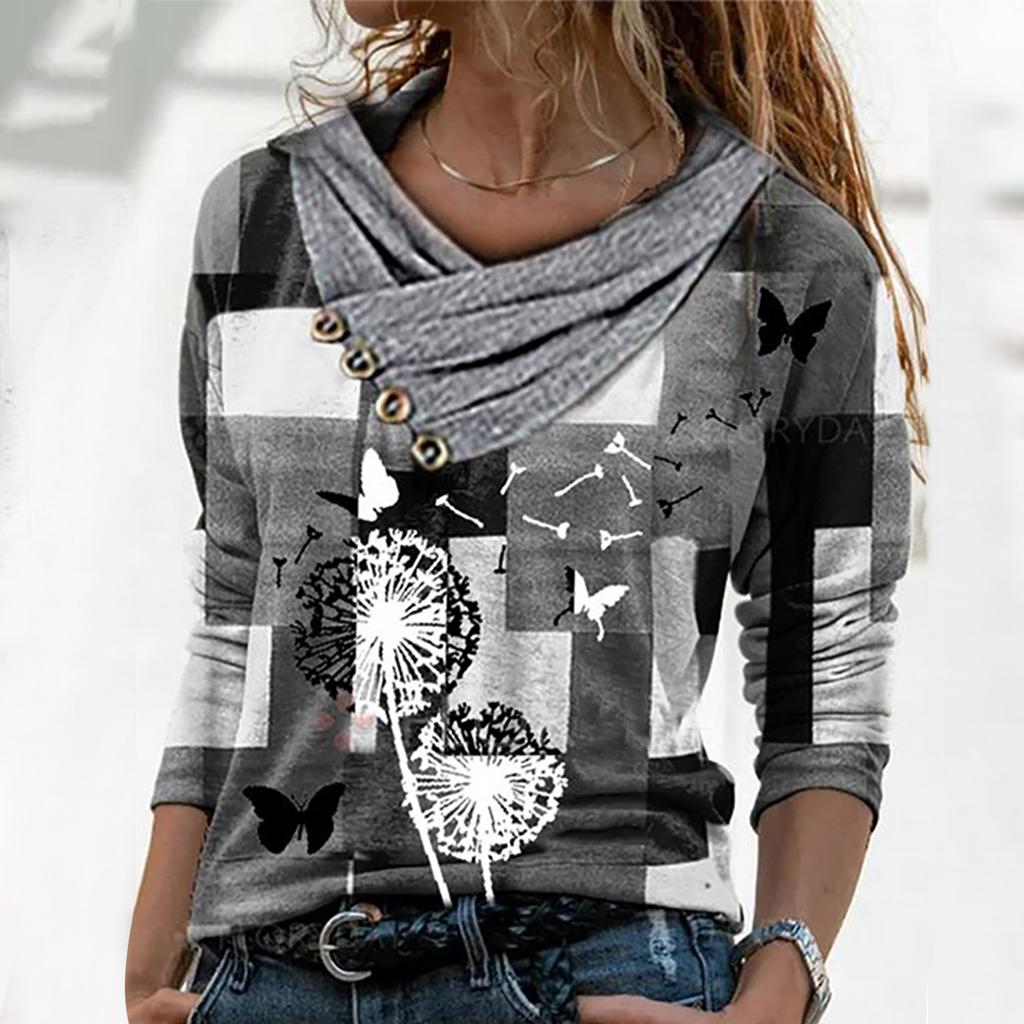 Women Casual Tops Cross V-Neck Buttons Printing Long Sleeve Sweaters Blouse