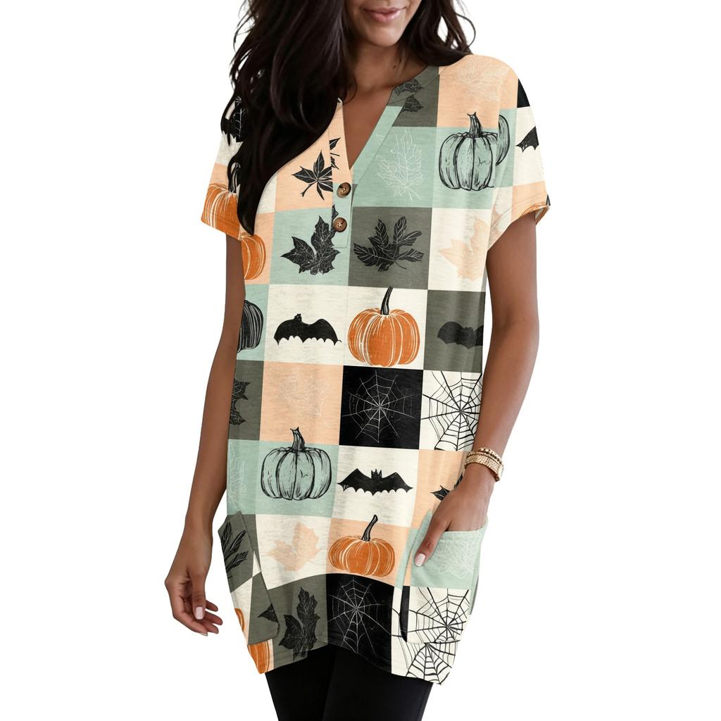 Women's V Neck Halloween Print Short Sleeve Pullover Dress with Pocket Casual Loose Fit Tunic Dress for Daily Wear