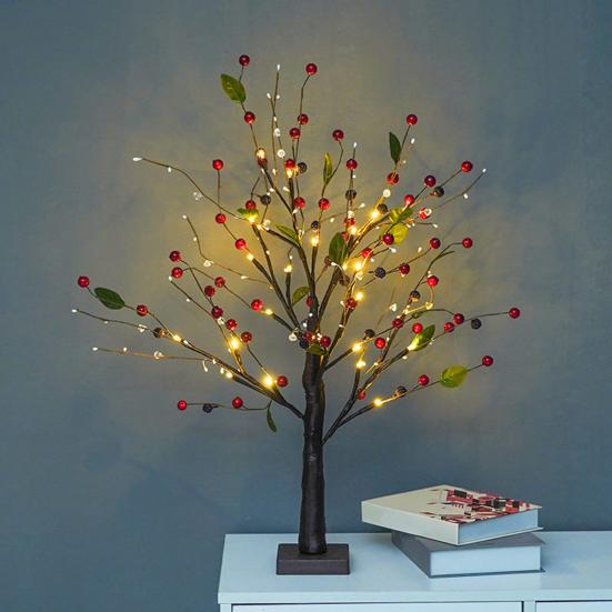LED Birch Tree Light with Red Berries Mini Glowing Birch Tree for Tabletop Decor Festive Home Party Wedding Centerpiece Decorations