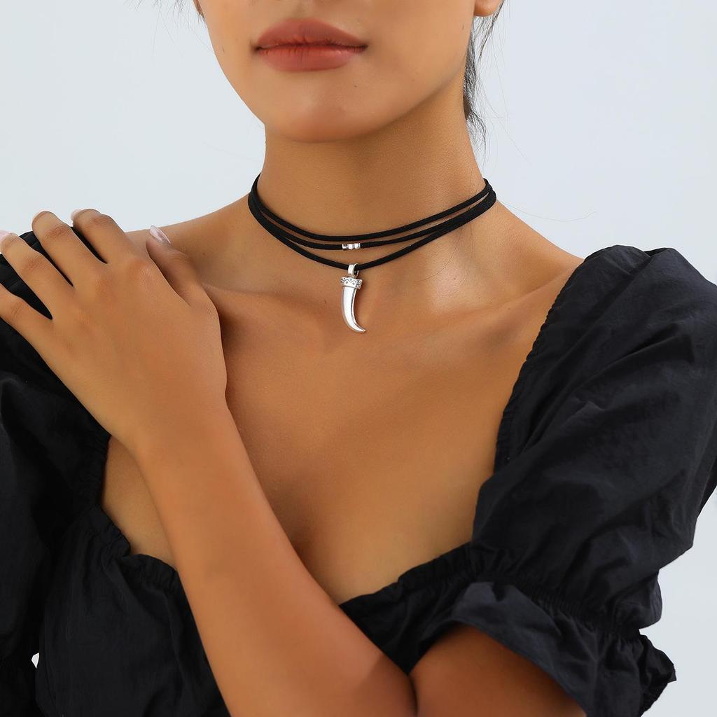 Vintage Crescent Moon Multi-layer Suede Choker Necklace
