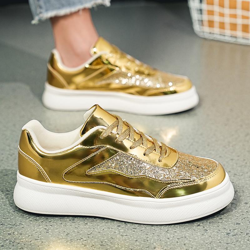 Men Sparkling Shoes Couple Lightweight  Black Gold Women’s Low Thick Sole Platform Sneakers for School Student Plus Size