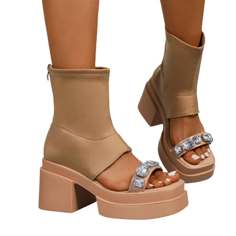 Crystal Women High Heels Sandals Casual Chunky Shoes Designer Fashion Pumps Elegant Woman Slippers 2025 Summer New Mujer Zapatos