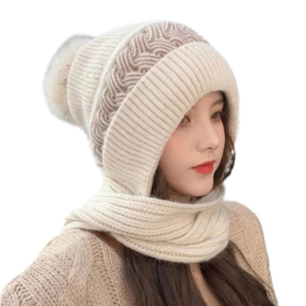Women's Winter Knitted Hat And Scarf Set, With Pom-poms, Soft And Warm Knitted Headscarf