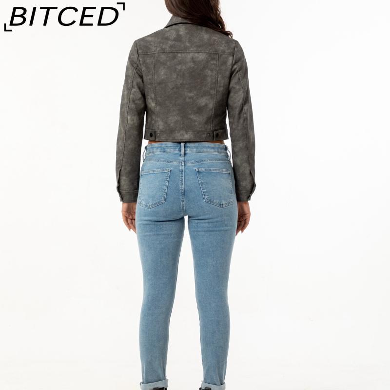 BITCED Spring/Autumn Lightweight Leather Jacket for Women Multi-Pocket Cardigan Style Casual Jacket Fashionable Trendy Everyday Outerwear