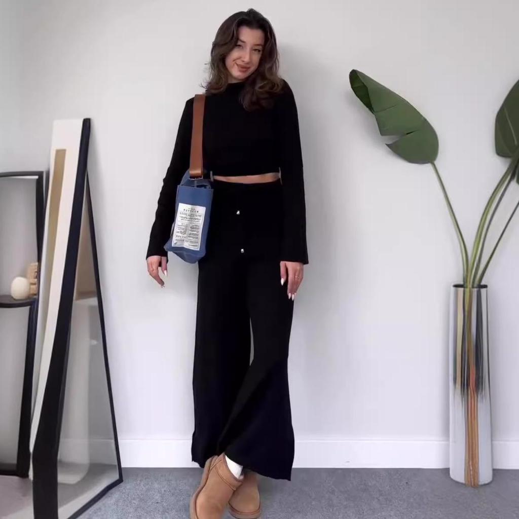 2024 Autumn Knitted Solid Crop Top & High-Waisted Wide-Leg Pants Set