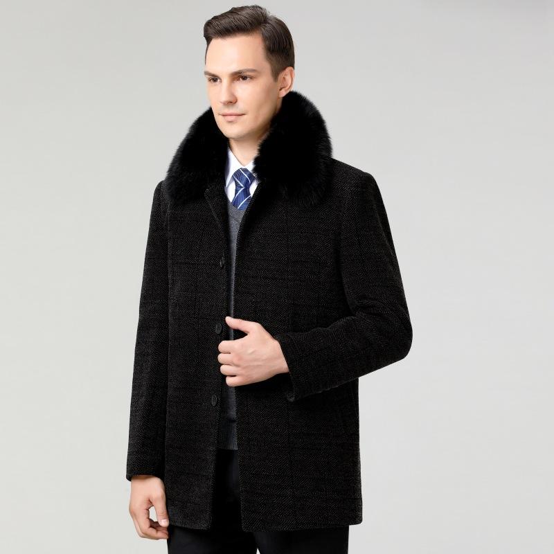 Podzimní a zimní středně dlouhé pánské sametové zahuštěné kašmírové kabáty pro střední a starší věk, vlněné kabáty pro otce a dědečka