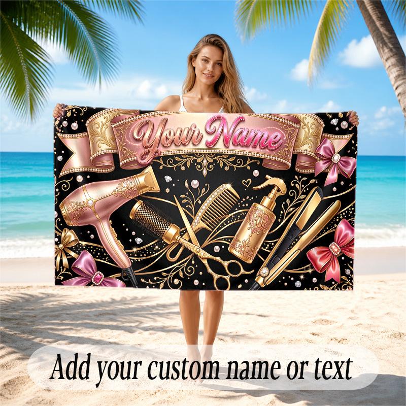 Barber Salon Theme Quick Dry Beach Towel Custom Name Text Print Large Sand Resistant Towel Beach Vacation