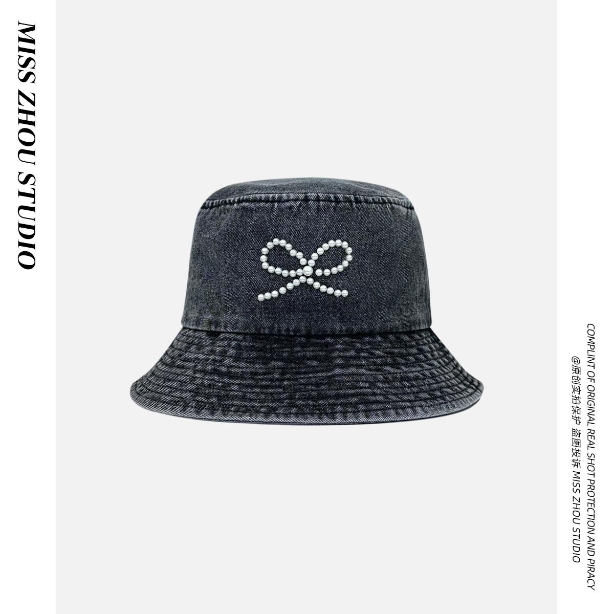 

Сладкая и милая шляпа-панама с жемчужным бантом для детей, для шопинга, в стиле ретро, повседневная, джинсовая шляпа-ведро adult (56-58cm) чёрный