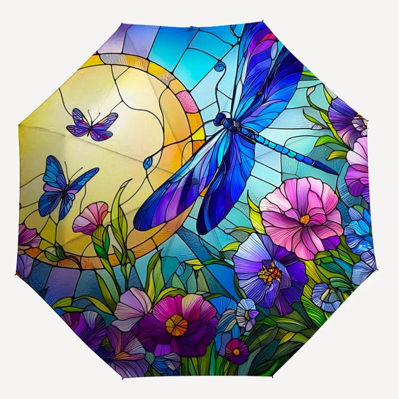 1PC Dragonfly Flowers Automatic Open/Close Umbrella with Windproof, 8-Rib Sturdy Canopy, Durable Ribs, Fashionable Design, Outdoor Accessory, Fun Prin