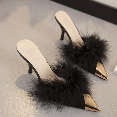 Fashion Mules Women Heels Slippers Sandals Woman 2024 Feather Luxury Brand Elegant Party Sandals House Sexy Black Fashion