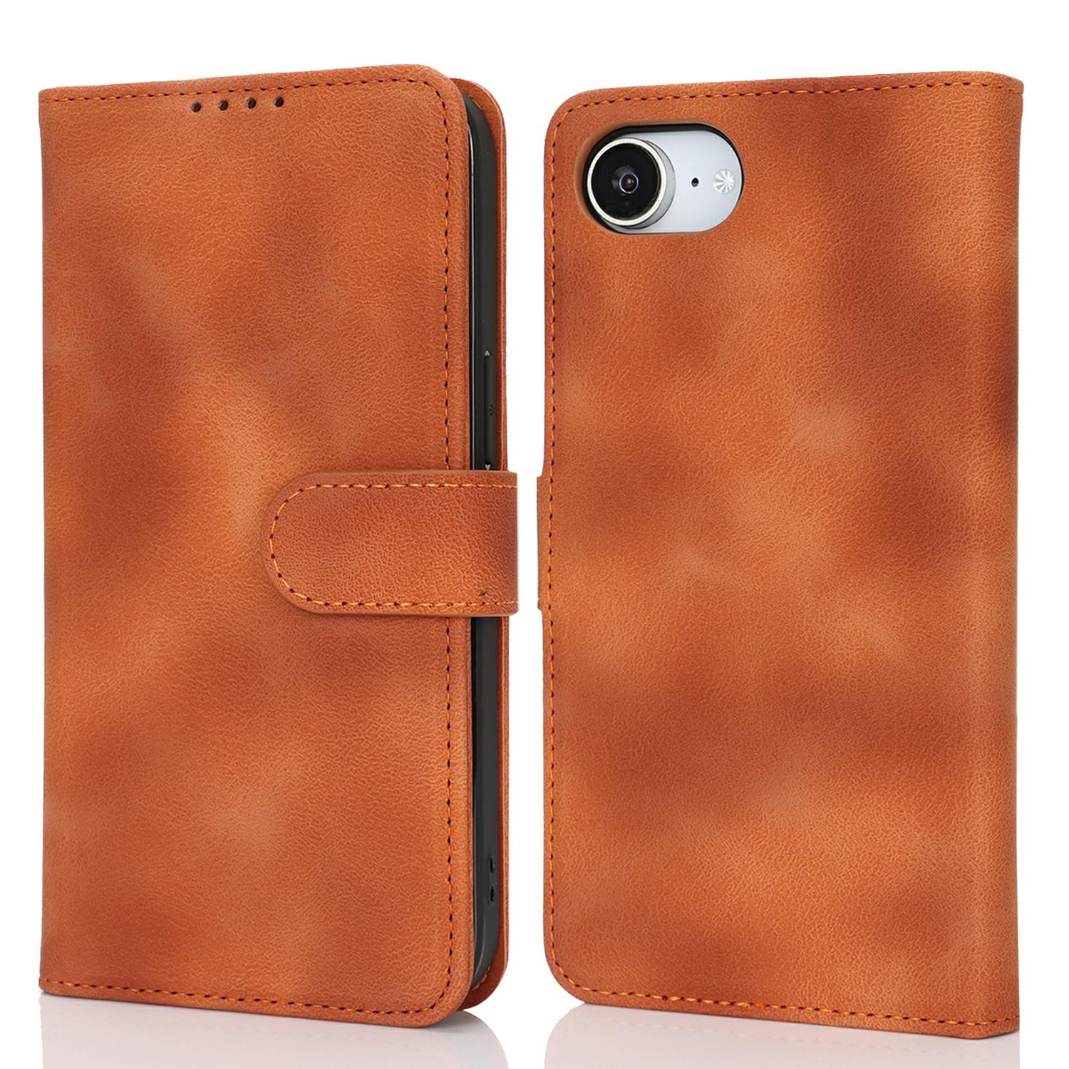 

For iPhone 16e Wallet Case Double Folded Edge Skin Touch PU Leather Flip Phone Cover Light Brown