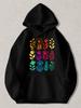 Black Pullover Hoodie with Vibrant Rainbow Floral Graphic Colorful Botanical Print Sweatshirt Casual Streetwear Top for Daily Wear