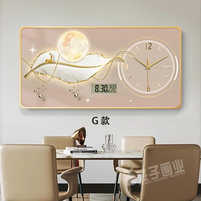 New perpetual calendar decorative painting light luxury feather wall clock living room hanging painting home electronic clock