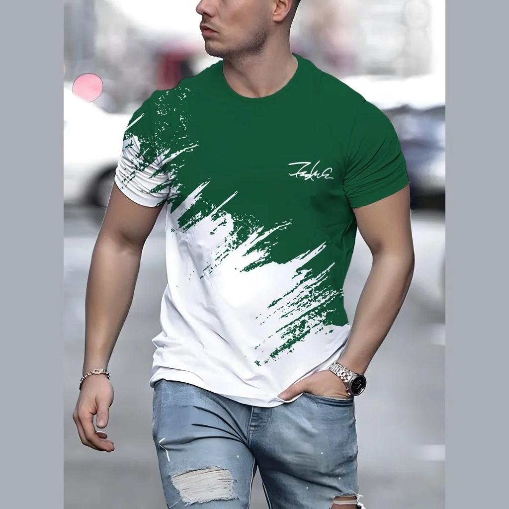 Summer Round Neck Gradient Color Block 3D Print Top Fashionable Casual Short Sleeved Men's T-shirts