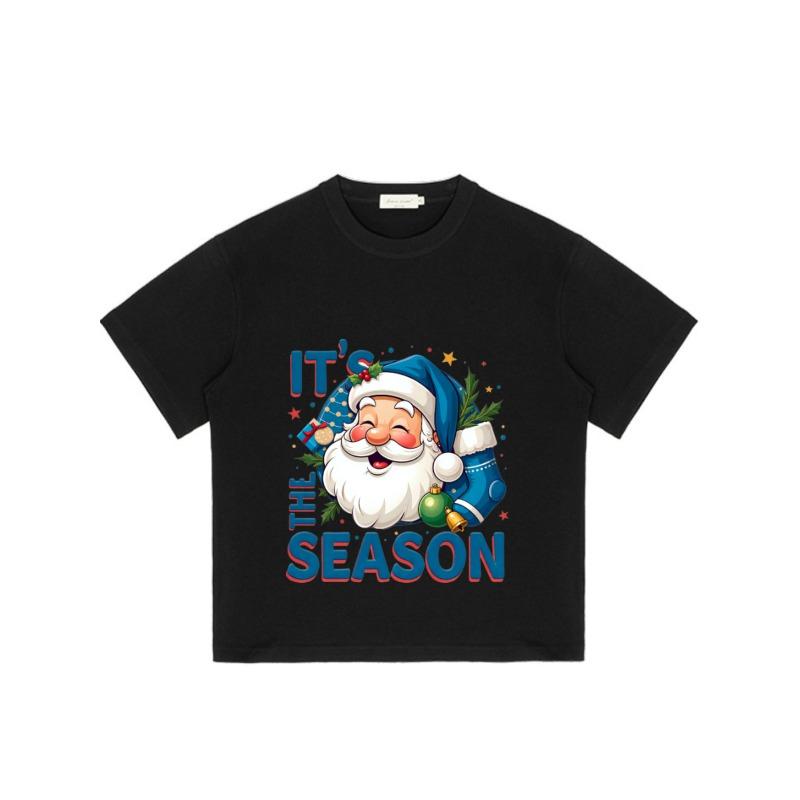 Christmas T-Shirt Black Santa Claus With It's The Season Text And Holiday Decorations For Festive Season