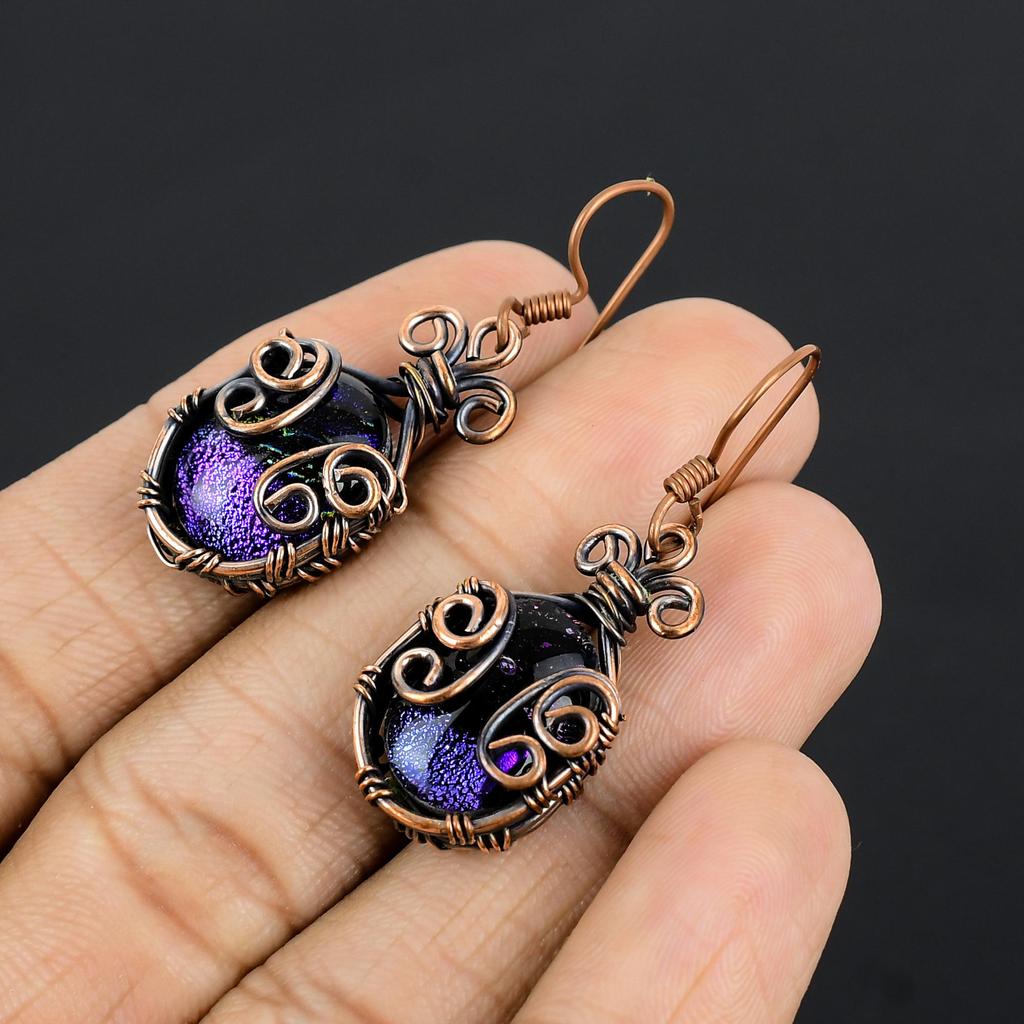 Dico Glass Earrings Gemstone Jewelry, 999 Copper Wire Wrapped Earrings, Handmade Beautiful Jewelry Earrings
