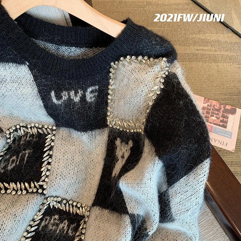 Heavy Industry Checkerboard Sweater Women's Autumn and Winter New Design Sense Niche Retro Lazy Style Top