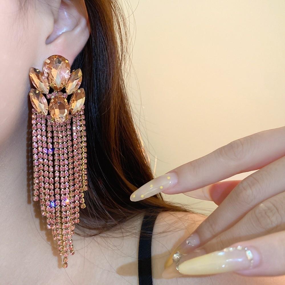 Colorful Rhinestone Tassel Earrings Exaggerated Chain Earrings  Dressy Outfits