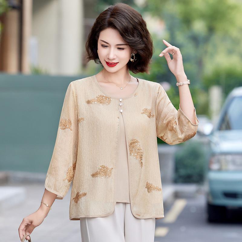 

Summer Nine-Sleeve Blouse for Mature Women, Chic Two-Piece Look, 50s Mom Style, Belly Covering Chiffon Top 3XL (120-135 jin) хакі