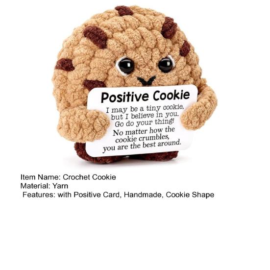 Mini-Häkelpuppe „Positives Cookie“ – Handgefertigte, gestrickte Plüschfigur zur emotionalen Unterstützung – Schreibtischdekoration