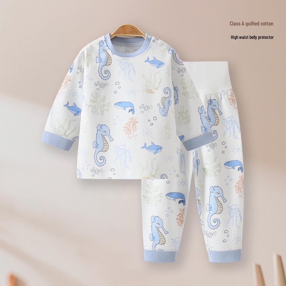 

Комплект детской хлопковой осенней пижамы Jingqi с защитой живота с высокой талией – Теплое нижнее белье для младенцев из чистого хлопка 80cm (with shoulder buttons)