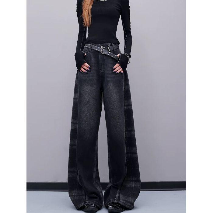 

Retro Plaid Color Block Wide-Leg Jeans for Women Small чёрный