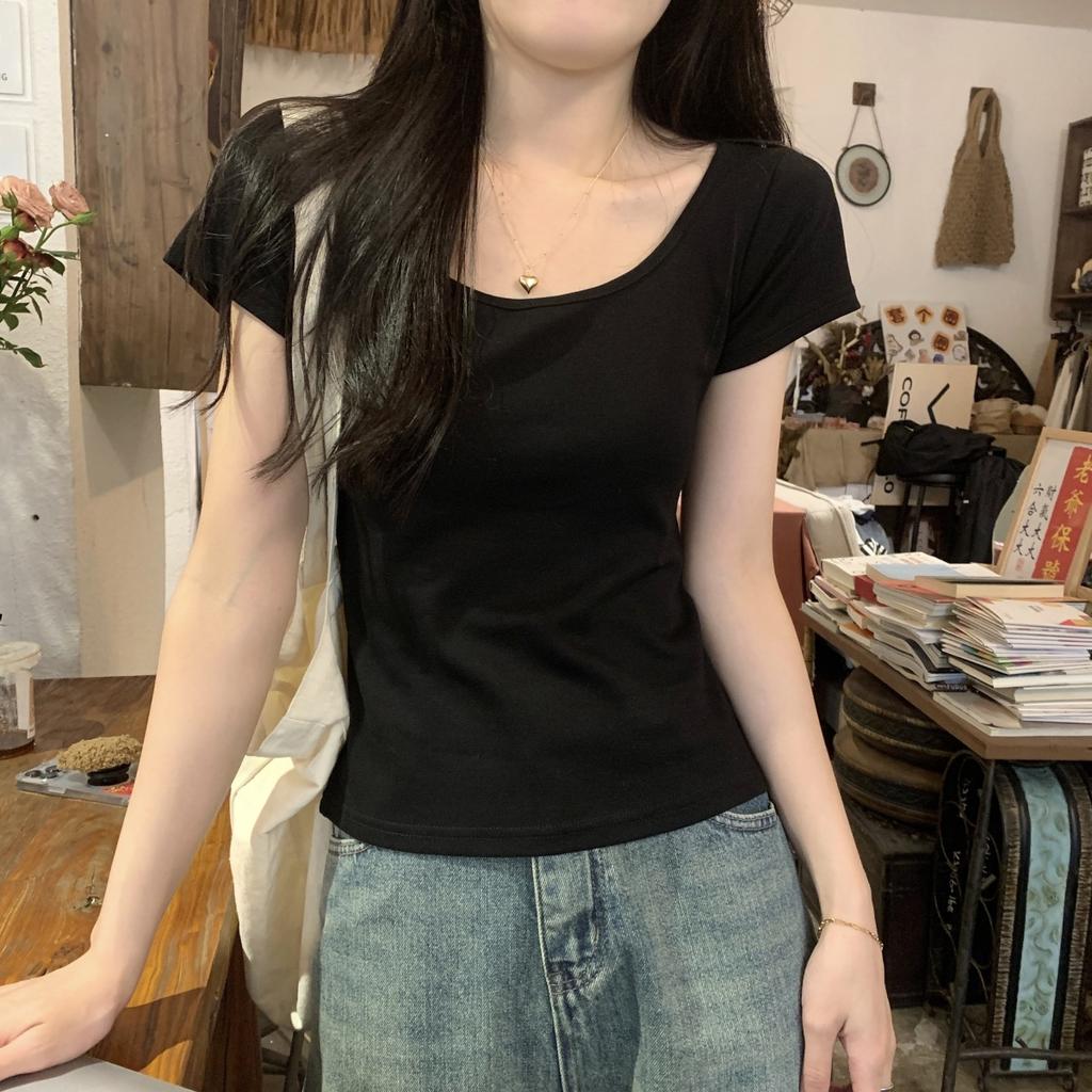 Summer Versatile Large Crew Neck Exposed Clavicle Skinny Slim Design Short Sleeve T-Shirt Women's Top