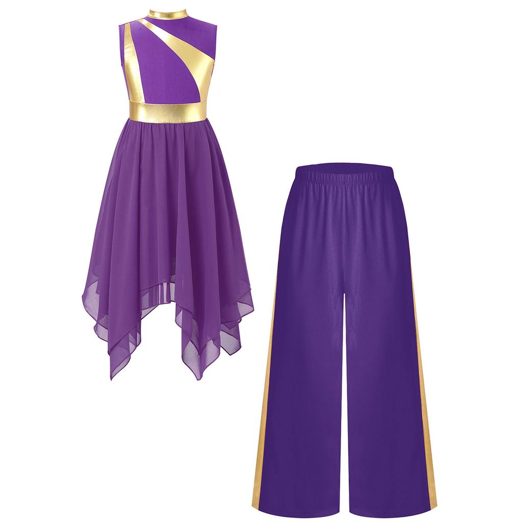 Girls Liturgical Praise Lyrical Dance Outfit Metallic Patchwork Sleeveless Asymmetrical Hem Dress Wide Leg Pants Set