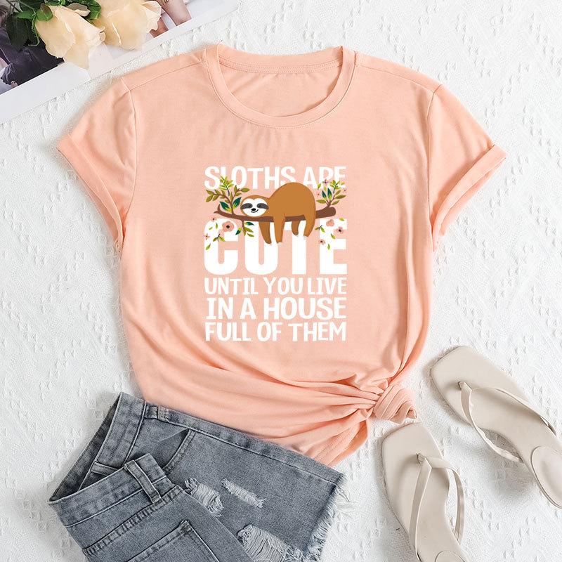 Summer Women's Fashionable Letter Sloth Short Sleeved Casual Loose Cotton Round Neck Top