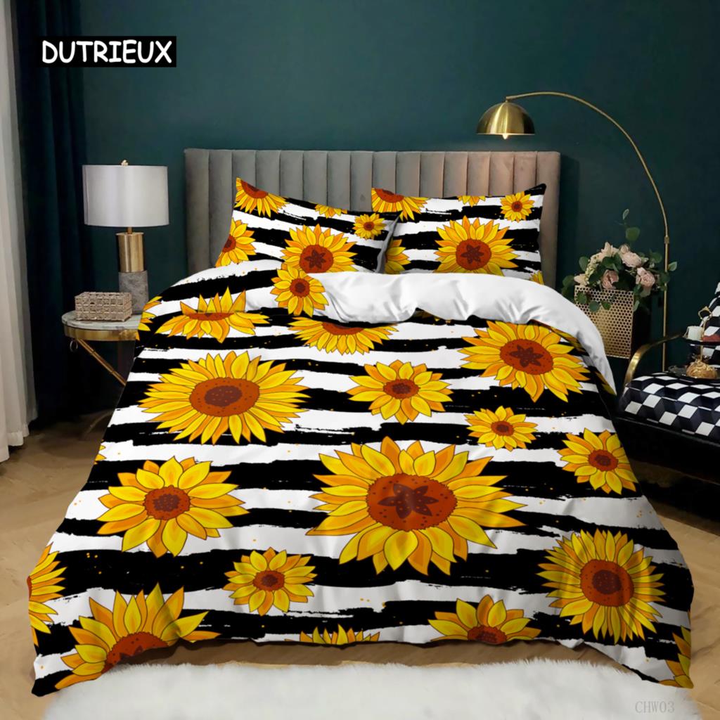 Sunflower Duvet Cover Set King Size 3D Sunflower Butterfly Nature Bedding Set Botanical Plants Novelty Polyester Comforter Cover