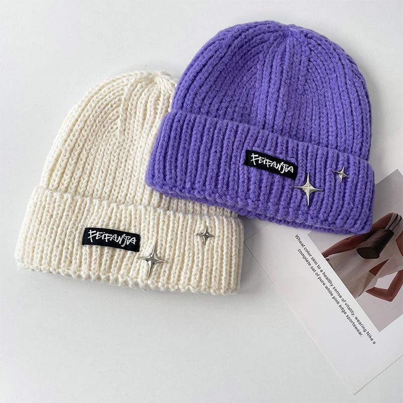 Letter Knitted Hat Women's Autumn and Winter Big Head Circumference Versatile Ear Protection Warm Wool Hat Showing Face Small Bag Head Cold Hat