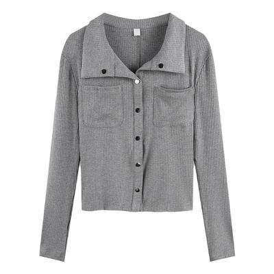 Graue Hemdjacke für Damen im Frühling und Herbst Kurz V-Ausschnitt Schlankes Körperdesign Sinn Taillenbetontes Polo Langärmliger Cardigan