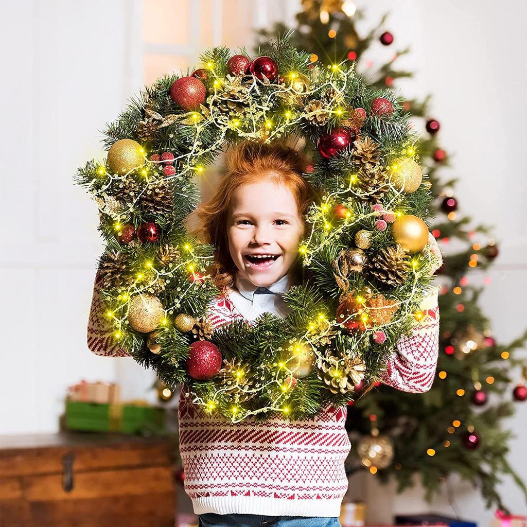 10 Feet 30 LED Christmas String Light Metal Berry Beaded Garland Indoor For Fireplace Mantel Indoor Xmas Tree Christmas Decorations(Gold)