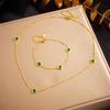 Gold Plated Green Heart Stone Station Necklace and Bracelet Set Fashion Jewelry for Women