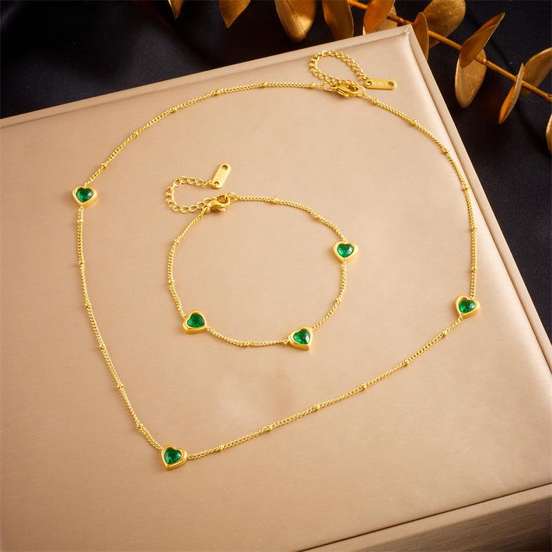 Gold Plated Green Heart Stone Station Necklace and Bracelet Set Fashion Jewelry for Women золотой