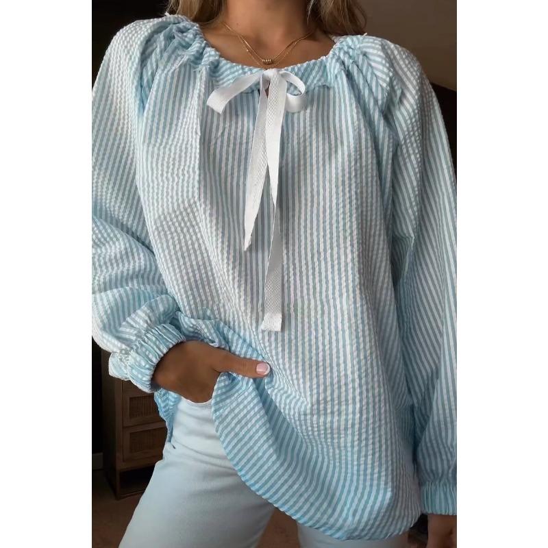 Herbst und Winter Damen Chiffon Shirt Gestreifte Krawatte Langarm Top
