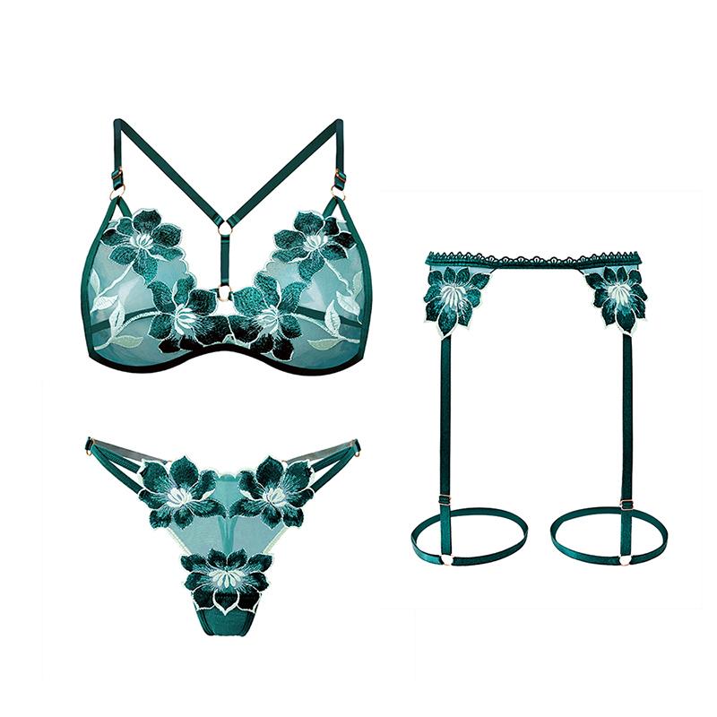 Erotic Lingerie Hot See-Through Embroidered Bra Female Large Size Passionate Temptation Sexy Panties Garter Three-Piece Suit