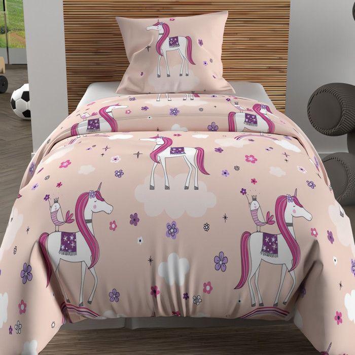 Parure housse de couette 140x200 cm LICORNES rose, 100% coton 57 fils/cm2, par Soleil d'Ocre