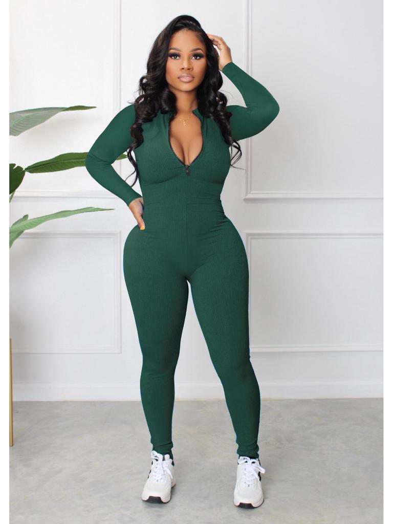 2022 Autumn European and American Pit Stripe Zipper Sports Jumpsuit