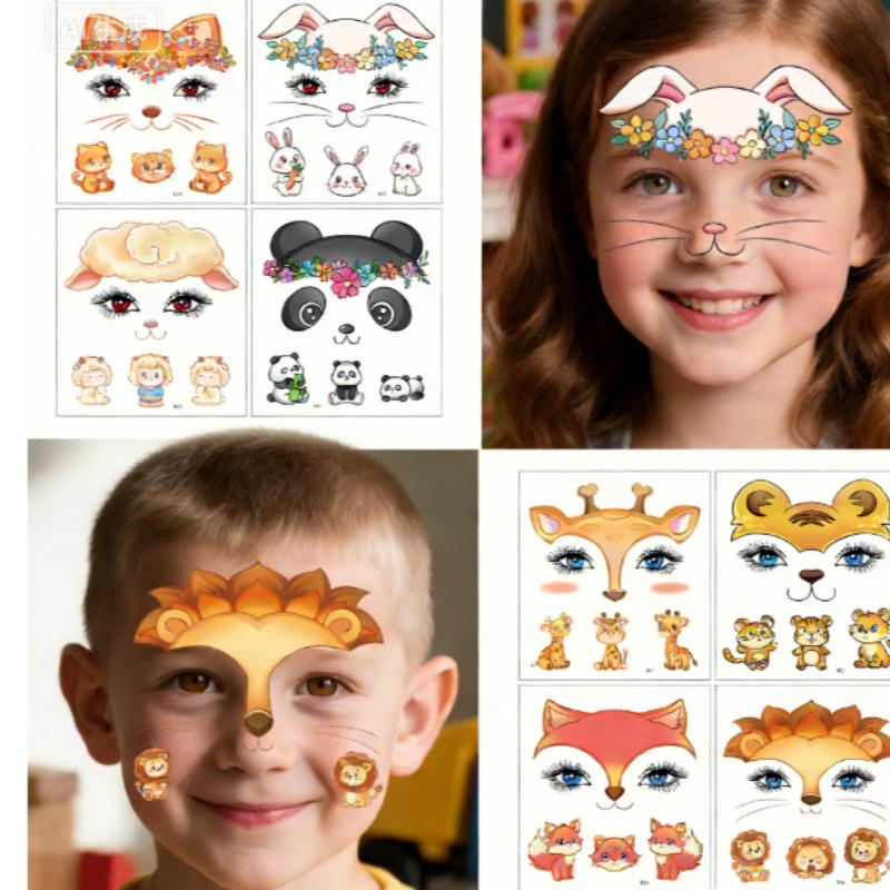 Face Tattoo Sticker Girls Cute Cartoon Animal Festival Party Makeup Face Tattoo Decals Female Men Face Decors Fake Tattoo
