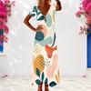 Women Plus Size V Neck Short Sleeve Colorful Printed Long Dress