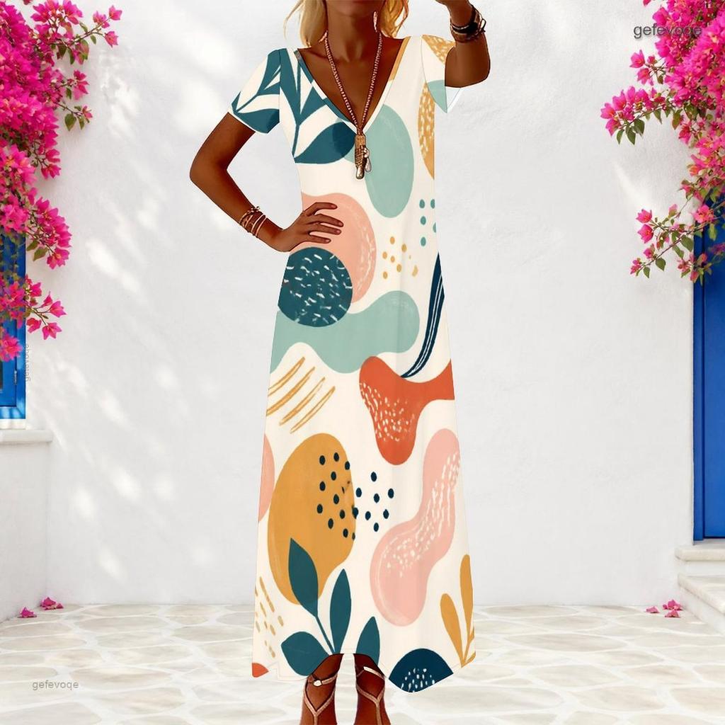Women Plus Size V Neck Short Sleeve Colorful Printed Long Dress