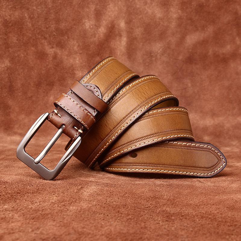 

Ремень мужской ручной работы из состаренной кожи в стиле ретро с пряжкой из натуральной коровьей кожи, мужской повседневный универсальный ремень 125cm