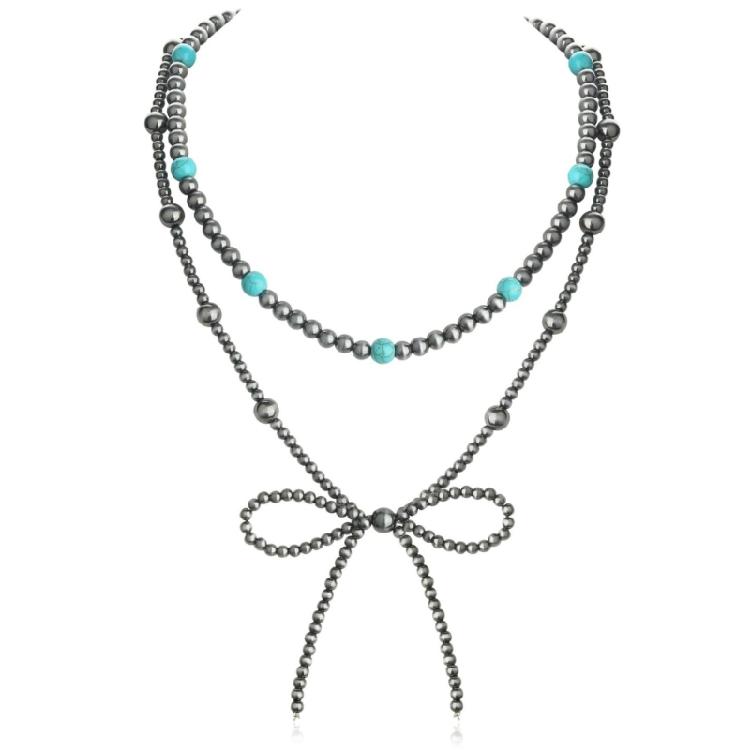Delicate Bowknot Necklace Turquoise Beaded Choker Sophisticated Bowtie Pendant Clavicle Chain Wedding Accessory