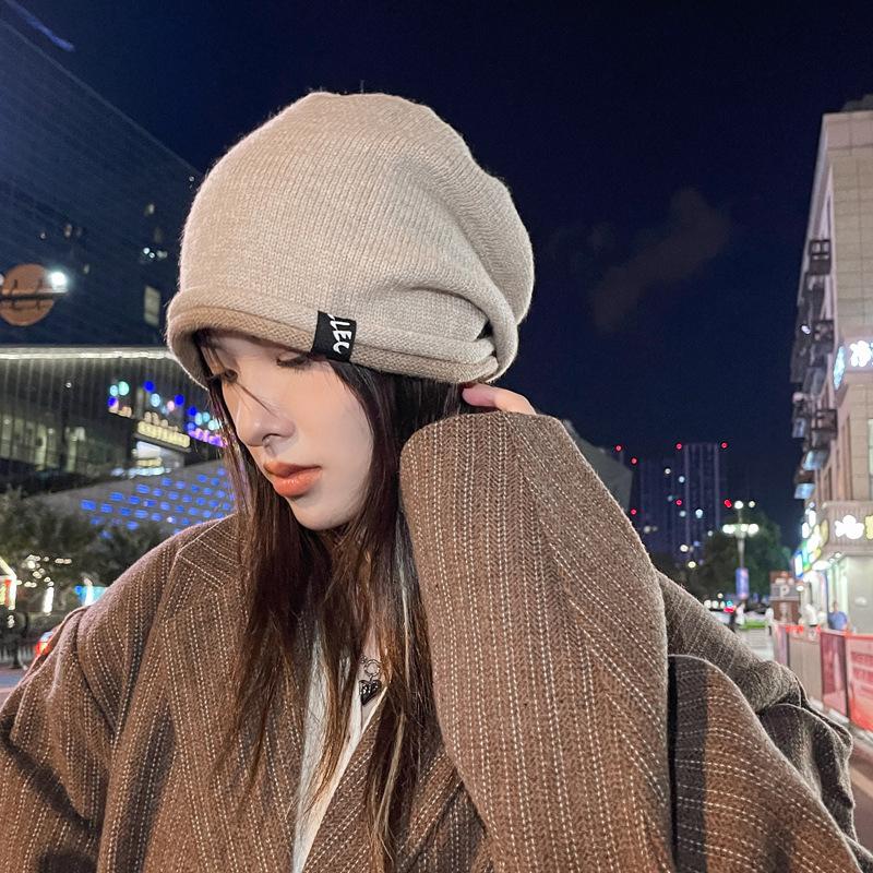 Women's Korean Style Autumn and Winter Warm Knitted Woolen Hat Ladies Fashion Slouchy Pullover Hat
