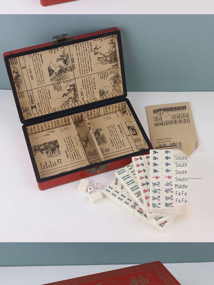 Antikes englisches Reisespiel-Mahjong-Set mit Lederbox & Anleitung - Melamin-Schlafsaalspiel