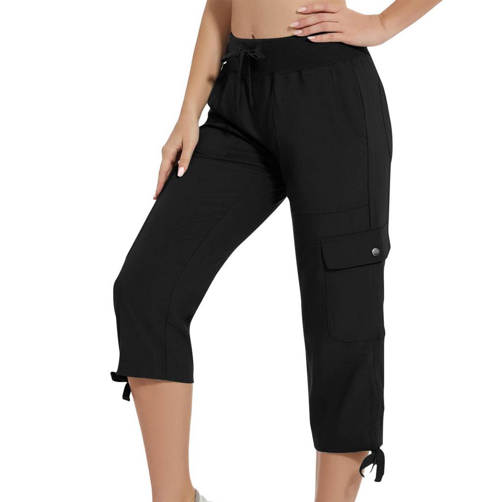 Damen Outdoor Capri-Hose mit Taschen Lockerer Schnitt Kordelzug Taille Reise Lässig Sieben-Achtel-Hose für den Alltag